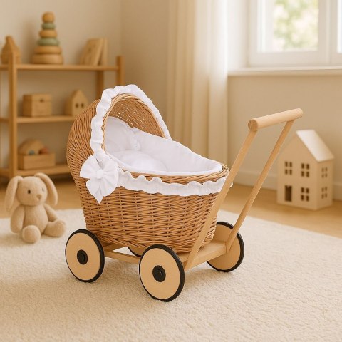 Wiklinowy wózek dla lalek pchacz z białą pościelką i miękką wyściółką CHIARA - naturalny