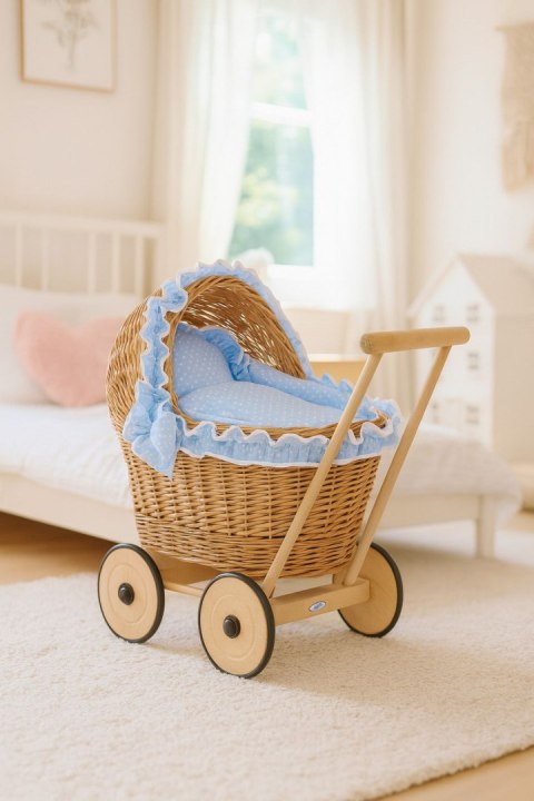 Wiklinowy wózek dla lalek pchacz z błękitną pościelką i miękką wyściółką CHIARA - naturalny