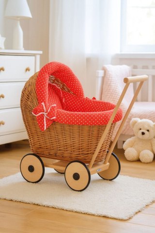 Wiklinowy wózek dla lalek pchacz z czerwoną pościelką i miękką wyściółką STELLA - naturalny