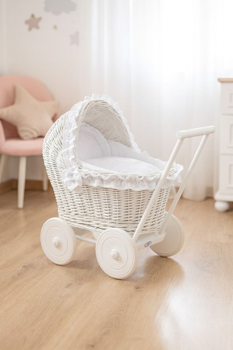 Wiklinowy wózek dla lalek pchacz z haftowaną pościelką i miękką wyściółką AURORA - biały
