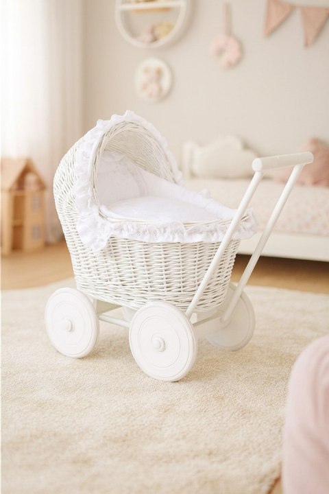 Wiklinowy wózek dla lalek pchacz z haftowaną pościelką i miękką wyściółką AURORA - biały