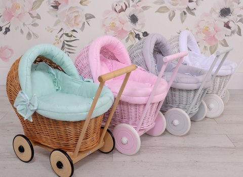 Wiklinowy wózek dla lalek pchacz z miętową pościelką i miękką wyściółką STELLA - naturalny