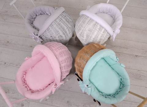 Wiklinowy wózek dla lalek pchacz z miętową pościelką i miękką wyściółką STELLA - naturalny