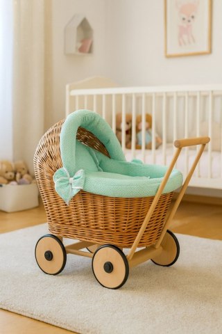 Wiklinowy wózek dla lalek pchacz z miętową pościelką i miękką wyściółką STELLA - naturalny
