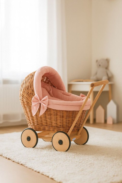 Wiklinowy wózek dla lalek pchacz z pościelką brudny róż i miękką wyściółką STELLA - naturalny