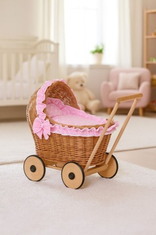Wiklinowy wózek dla lalek pchacz z różową pościelką i miękką wyściółką CHIARA - naturalny