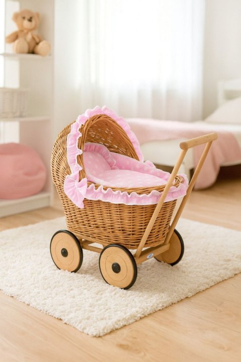 Wiklinowy wózek dla lalek pchacz z różową pościelką i miękką wyściółką CHIARA - naturalny