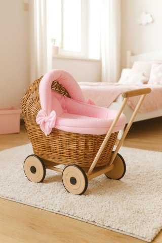 Wiklinowy wózek dla lalek pchacz z różową pościelką i miękką wyściółką STELLA - naturalny