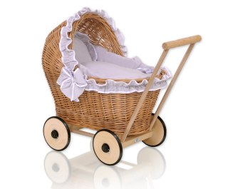 Wiklinowy wózek dla lalek pchacz z szarą pościelką i miękką wyściółką CHIARA - naturalny