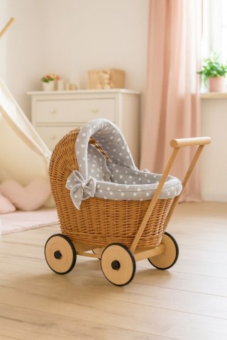Wiklinowy wózek dla lalek pchacz z szarą pościelką i miękką wyściółką STELLA - naturalny