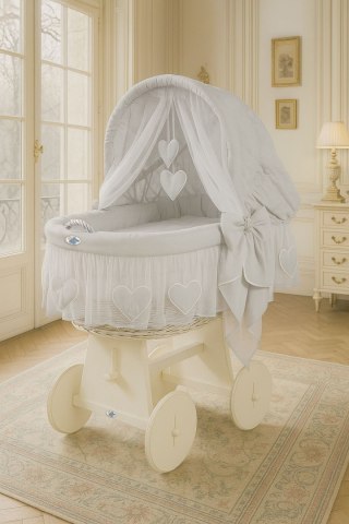 Wiklinowy kosz Mojżesza ze składaną budką Amelia - biały + szara pościel