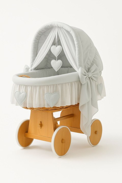 Wiklinowy kosz Mojżesza ze składaną budką Amelia - naturalny + szara pościel