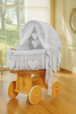 Wiklinowy kosz Mojżesza ze składaną budką Amelia - naturalny + szara pościel