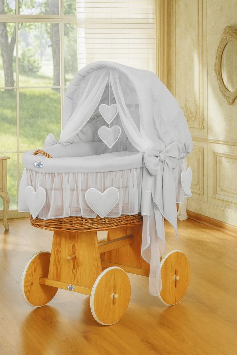 Wiklinowy kosz Mojżesza ze składaną budką Amelia - naturalny + szara pościel