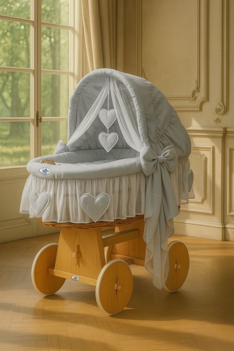 Wiklinowy kosz Mojżesza ze składaną budką Amelia - naturalny + szara pościel