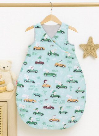 Śpiworek dla dzieci bawełniany M 3-12 mcy TOG 2.5 całoroczny ocieplany - zające w autkach miętowe