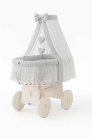 Wiklinowy kosz Mojżesza z baldachimem Amelia - biały + szara pościel