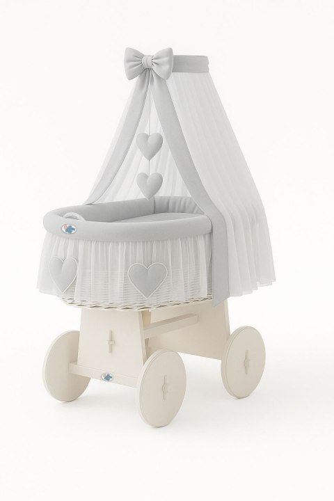 Wiklinowy kosz Mojżesza z baldachimem Amelia - biały + szara pościel