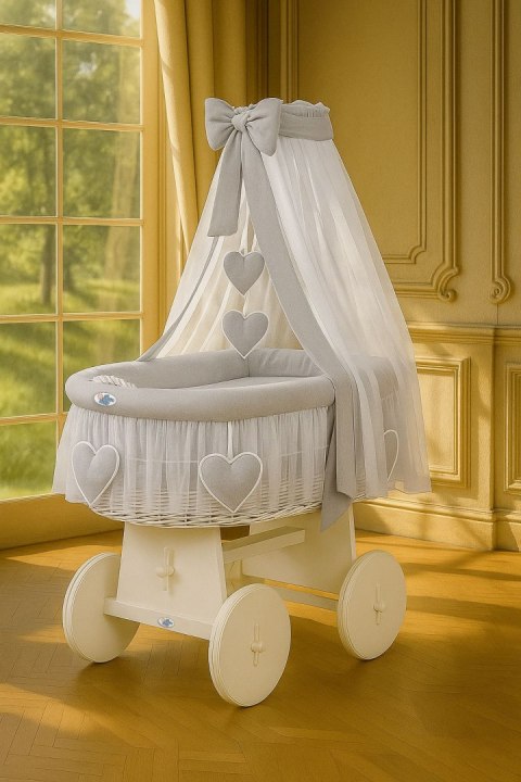 Wiklinowy kosz Mojżesza z baldachimem Amelia - biały + szara pościel