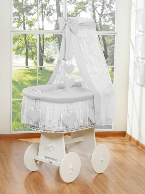 Wiklinowy kosz Mojżesza z baldachimem Amelia - biały + szara pościel