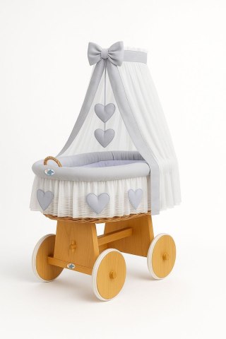 Wiklinowy kosz Mojżesza z baldachimem Amelia - naturalny + szara pościel