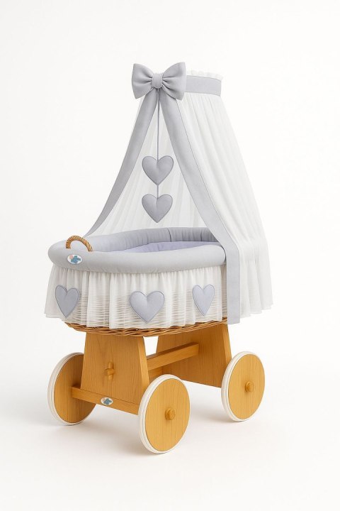 Wiklinowy kosz Mojżesza z baldachimem Amelia - naturalny + szara pościel