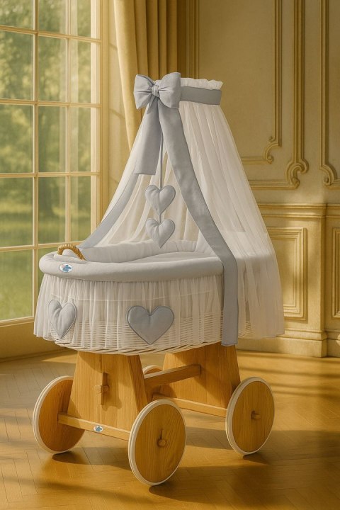 Wiklinowy kosz Mojżesza z baldachimem Amelia - naturalny + szara pościel