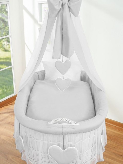 Wiklinowy kosz Mojżesza z baldachimem Amelia - naturalny + szara pościel