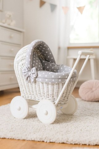 Wiklinowy wózek dla lalek pchacz biały z szarą pościelką i miękką wyściółką STELLA