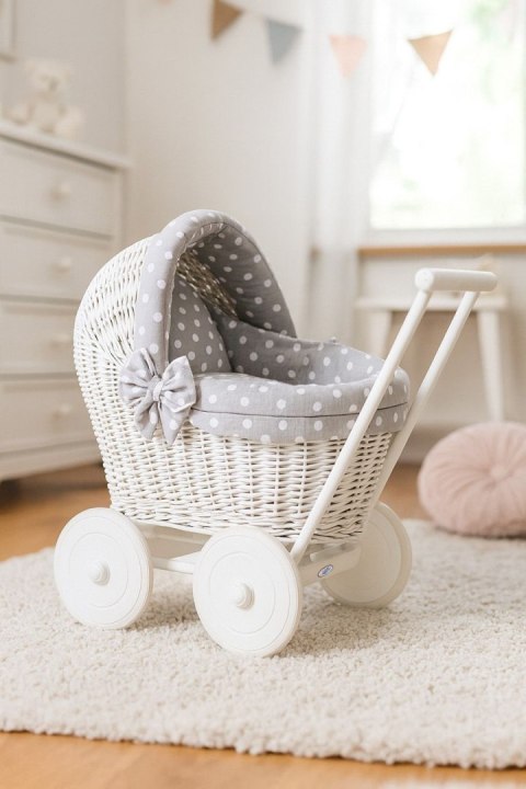 Wiklinowy wózek dla lalek pchacz biały z szarą pościelką i miękką wyściółką STELLA
