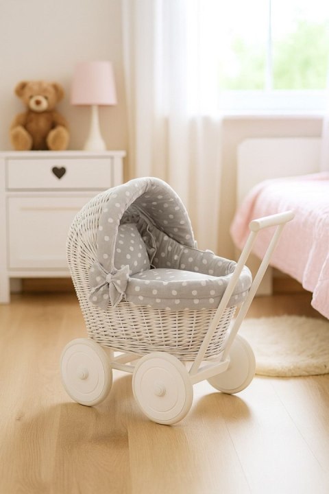 Wiklinowy wózek dla lalek pchacz biały z szarą pościelką i miękką wyściółką STELLA