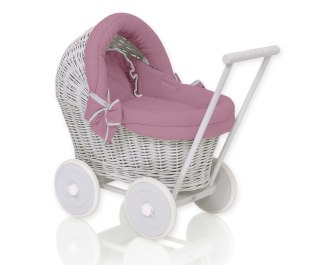 Wiklinowy wózek dla lalek pchacz szary pościelką i miękką wyściółką retro róż STELLA