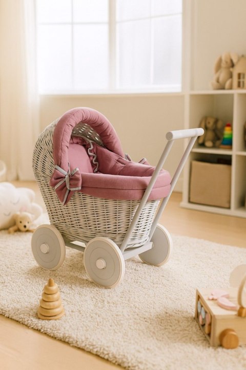 Wiklinowy wózek dla lalek pchacz szary pościelką i miękką wyściółką retro róż STELLA