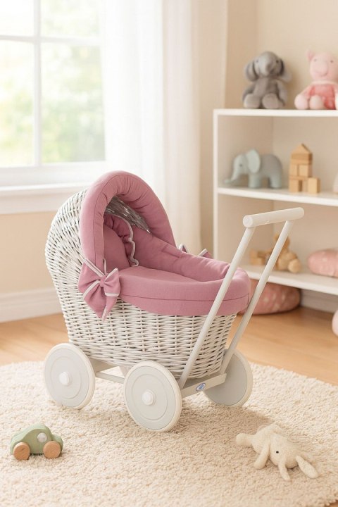 Wiklinowy wózek dla lalek pchacz szary pościelką i miękką wyściółką retro róż STELLA