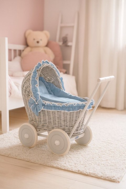Wiklinowy wózek dla lalek pchacz szary z pościelką i miękką wyściółką brudny niebieski CHIARA