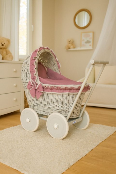Wiklinowy wózek dla lalek pchacz szary z pościelką i miękką wyściółką róż retro CHIARA