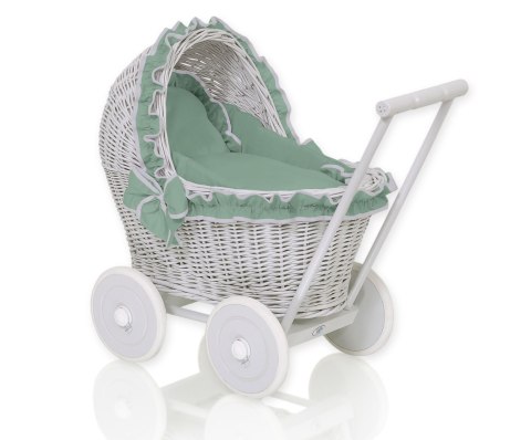 Wiklinowy wózek dla lalek pchacz szary z pościelką i miękką wyściółką szałwia CHIARA