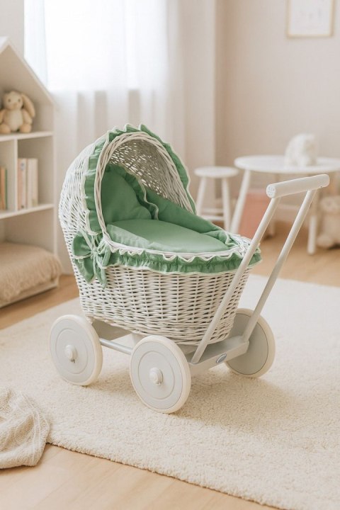 Wiklinowy wózek dla lalek pchacz szary z pościelką i miękką wyściółką szałwia CHIARA