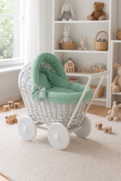 Wiklinowy wózek dla lalek pchacz szary z pościelką i miękką wyściółką szałwia STELLA