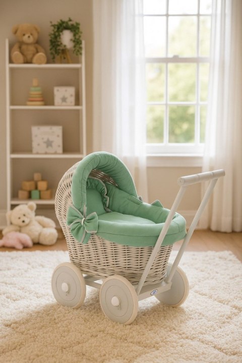 Wiklinowy wózek dla lalek pchacz szary z pościelką i miękką wyściółką szałwia STELLA