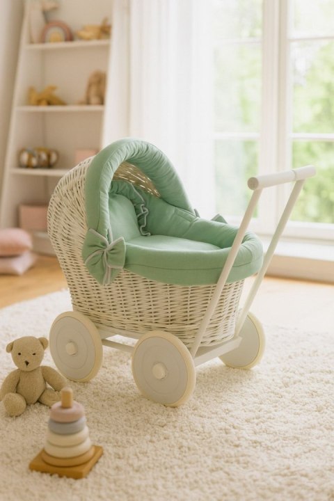 Wiklinowy wózek dla lalek pchacz szary z pościelką i miękką wyściółką szałwia STELLA